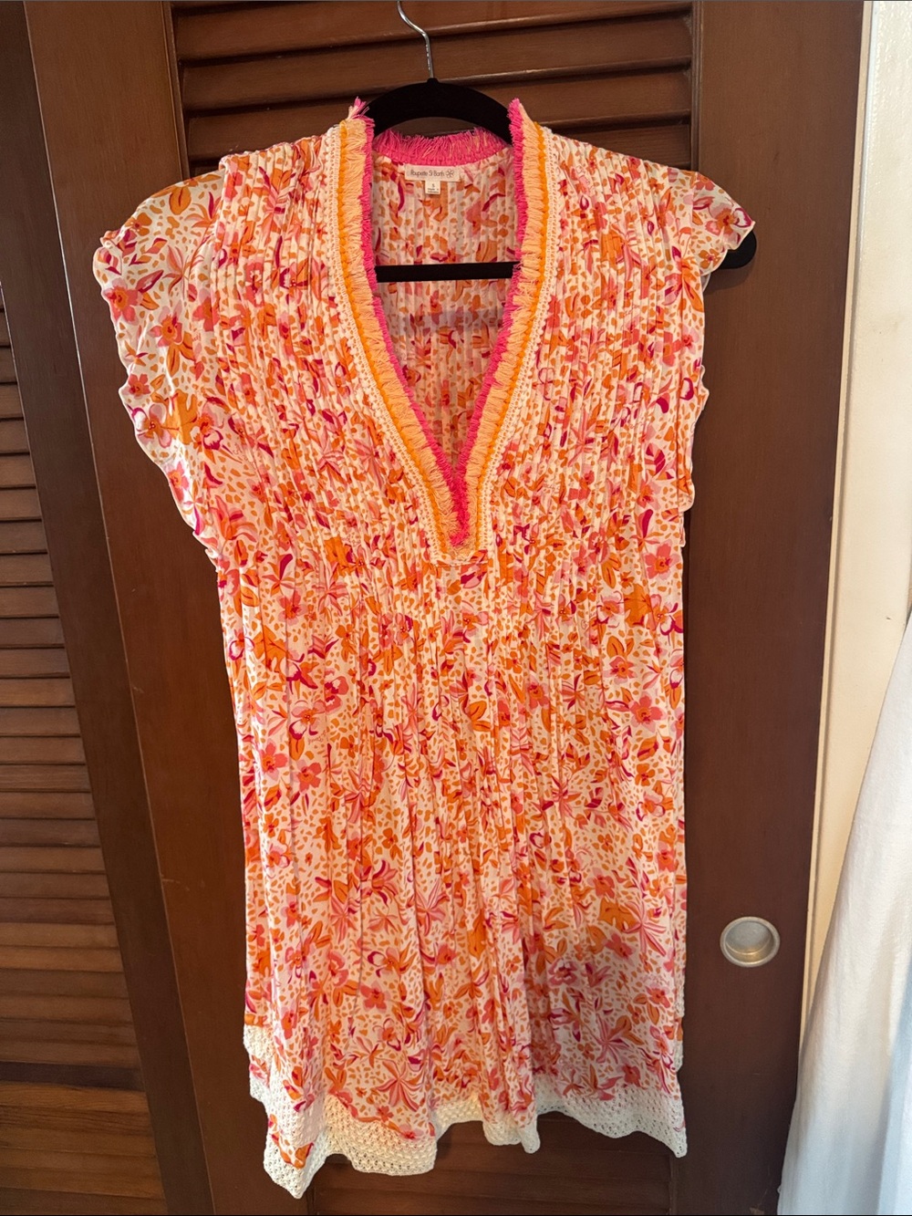 Poupette St. Barth Pink & Orange Floral V‑Neck Mini Dress